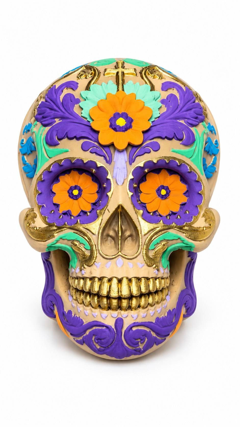 Hand-painted 3D-printed Día de los Muertos calavera with marigold flowers, purple scrollwork, and gold teeth