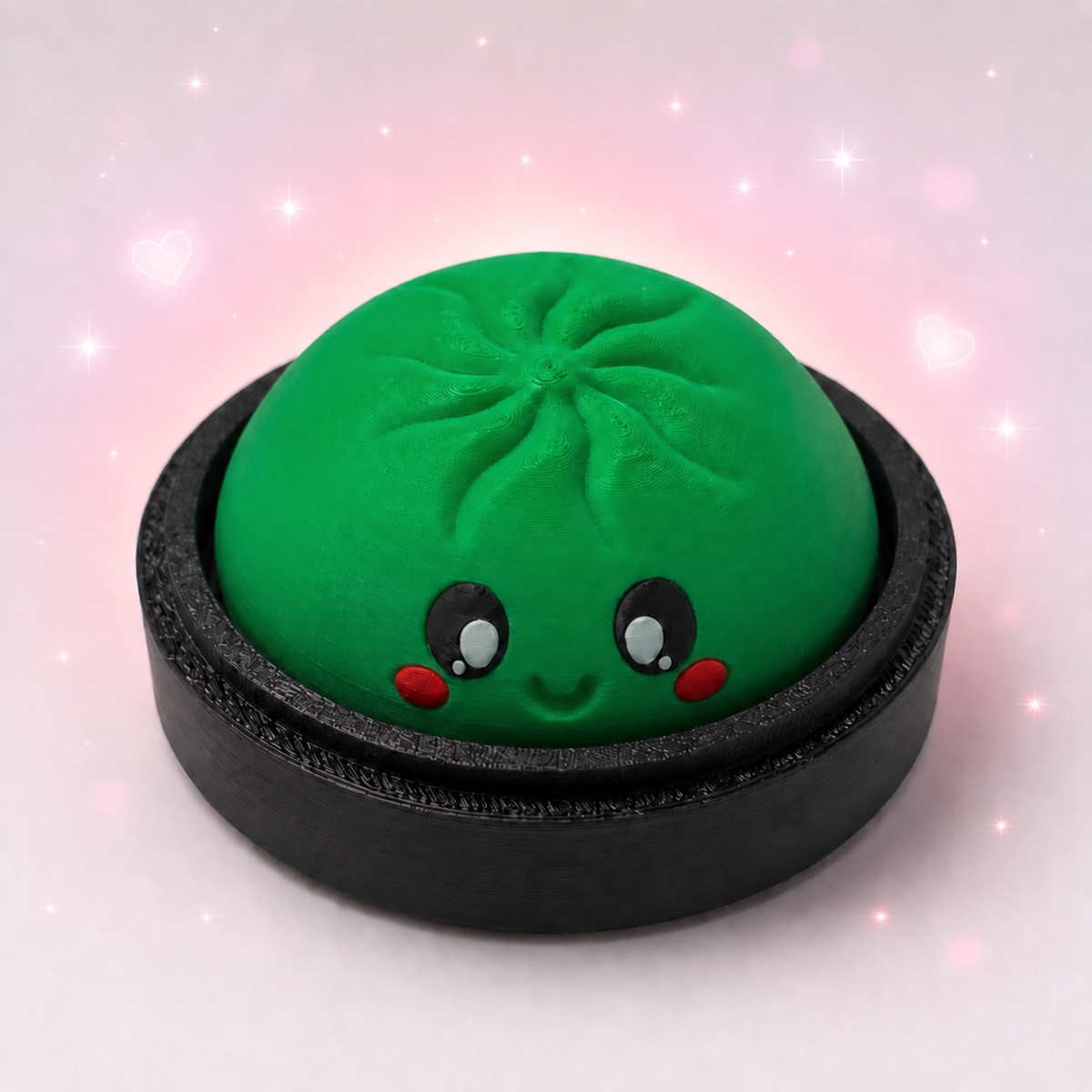 Green kawaii dumpling clicker fidget toy in steamer basket