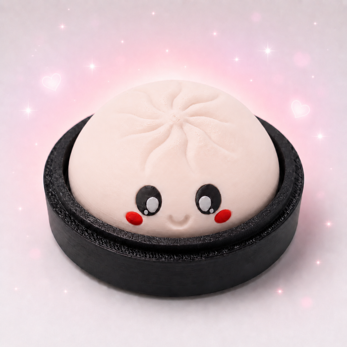 Beige kawaii dumpling clicker fidget toy in steamer basket