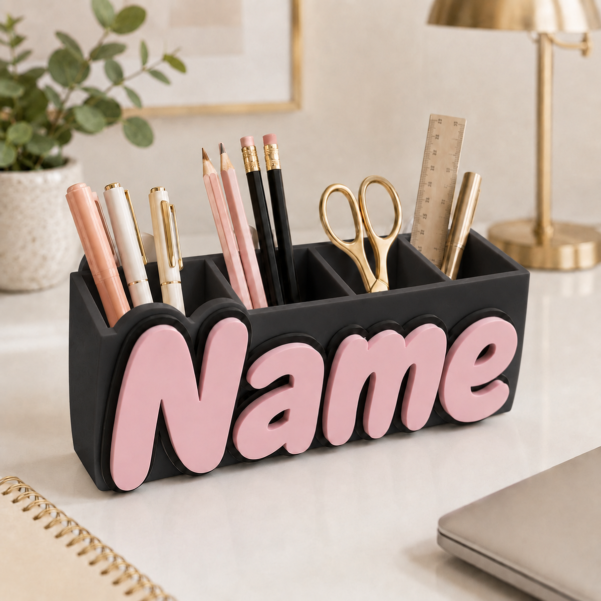 Black personalized name desk organizer, 3D printed pen holder