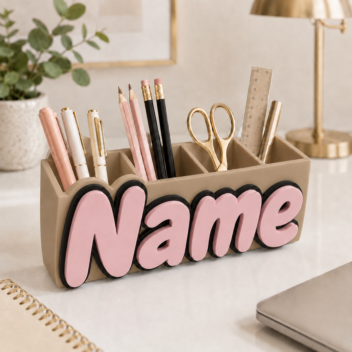 Brown personalized name desk organizer, 3D printed pen holder