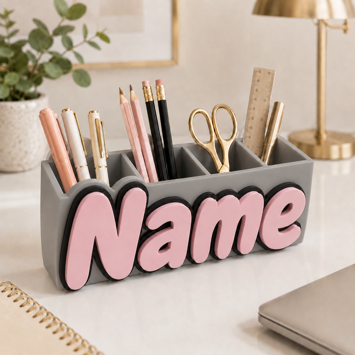 Gray personalized name desk organizer, 3D printed pen holder
