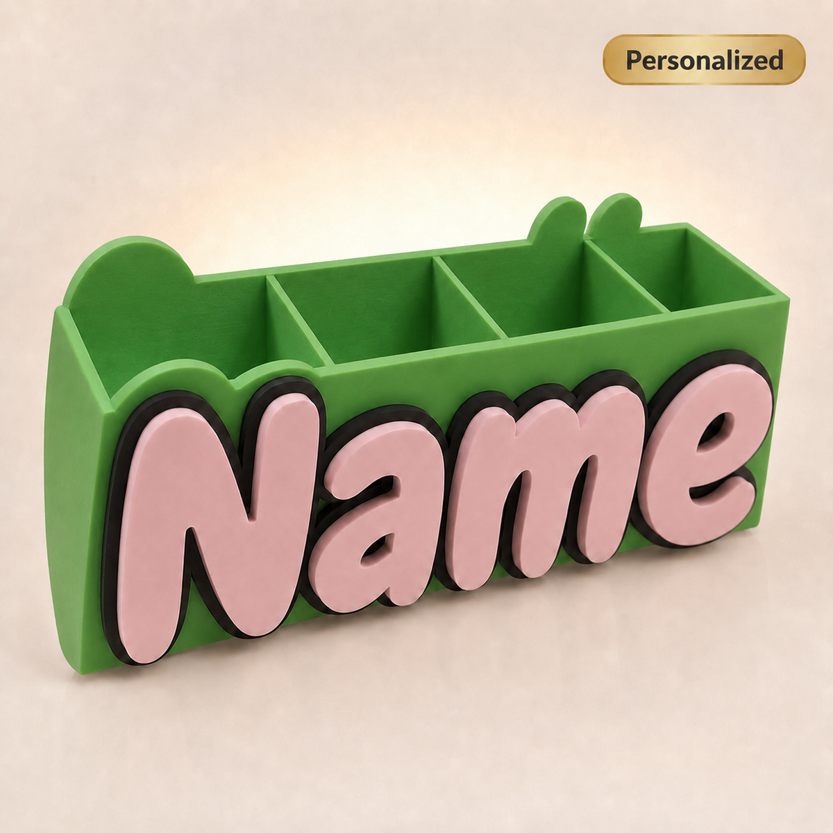 Green personalized name desk organizer, 3D printed pen holder