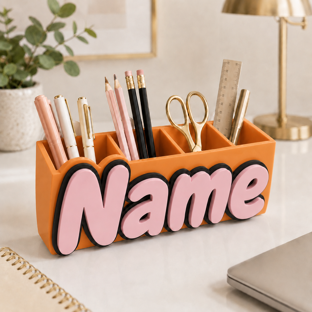 Orange personalized name desk organizer, 3D printed pen holder