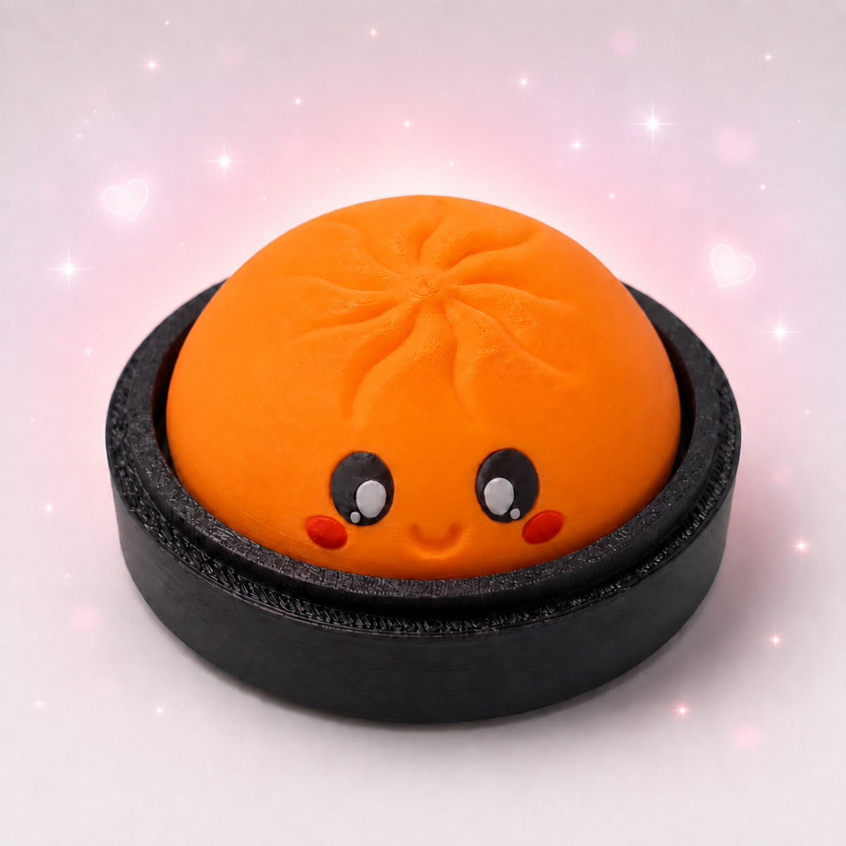 Orange kawaii dumpling clicker fidget toy in steamer basket