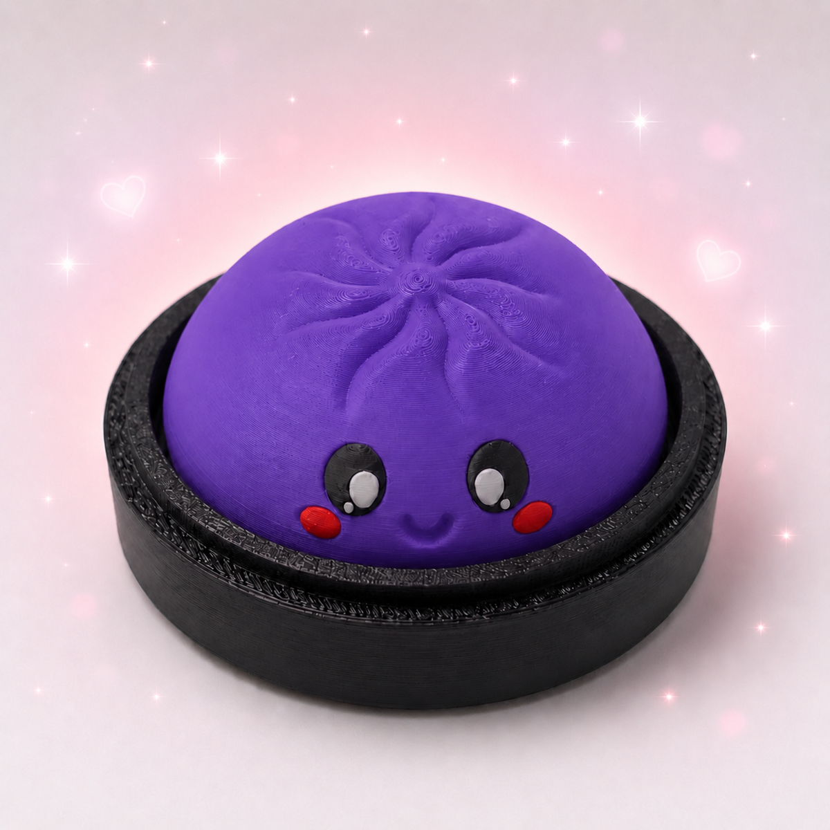 Purple kawaii dumpling clicker fidget toy in steamer basket