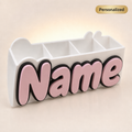 White personalized name desk organizer with pink 3D lettering and 4 compartments