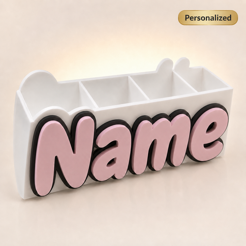 White personalized name desk organizer with pink 3D lettering and 4 compartments